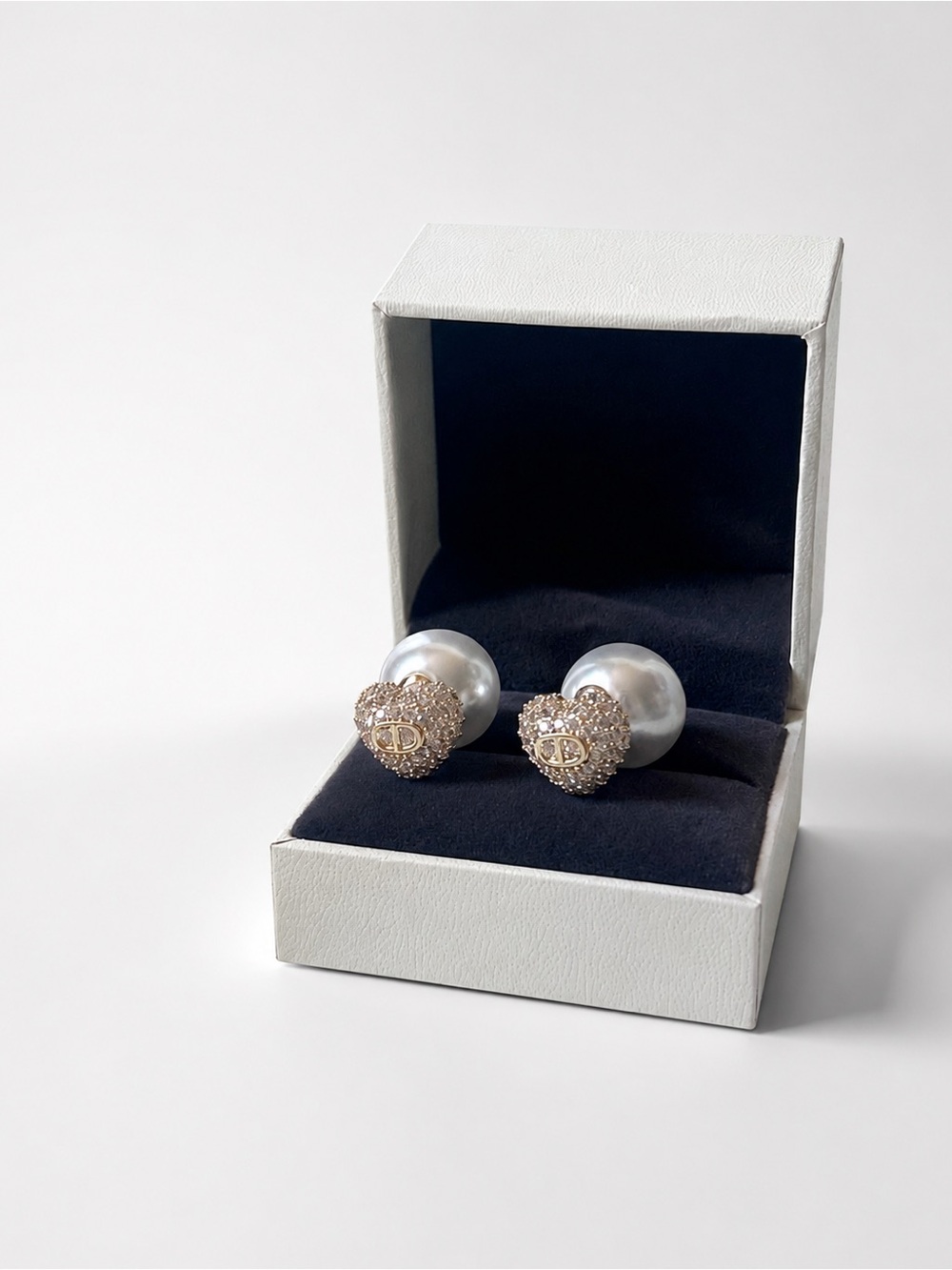 Vintage Dior CD Pearl Backed Heart Crystal Earrings - Gold & White